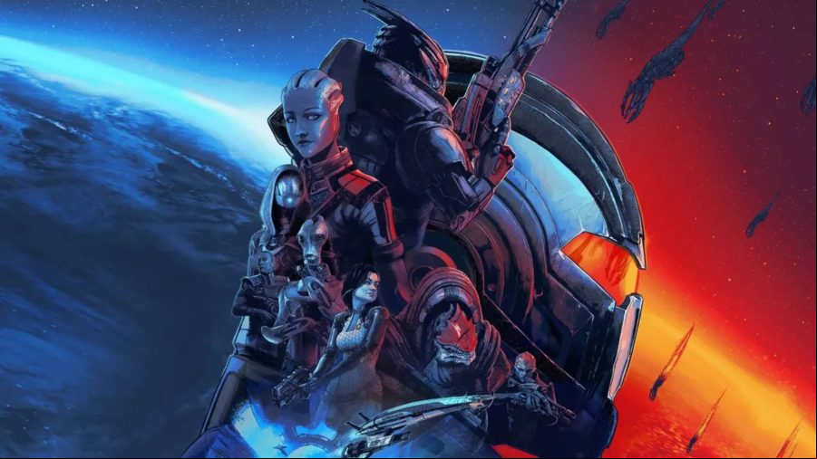 An image of mass effect characters put together with the earth in the background and an orange sky with meteors on the right
