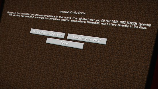 An error screen from the Minecraft mod From the Fog which reads: "Minecraft has detected an unknown presence in this world. It is advides you DO NOT  THIS SCREEN."