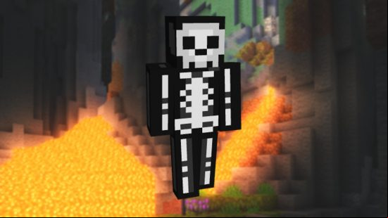 Minecraft Halloween skins: A skeleton onesie skin in front of a landscape view of a cave system.