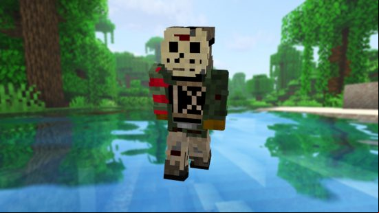 A Halloween Minecraft skin of Jason Vorhees standing over a Minecraft lake.