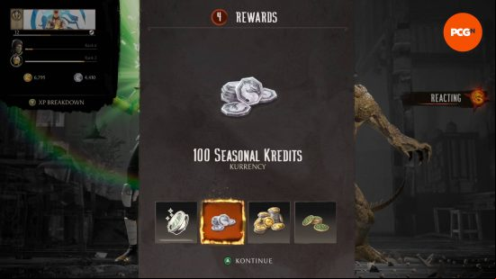 MK1 invasion mode: the seasonal credits screen shows the hexagonal currency