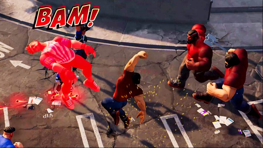 OutRage - several characters fight in a parking lot; one delivers a big uppercut, launching another into the air with a resounding 
