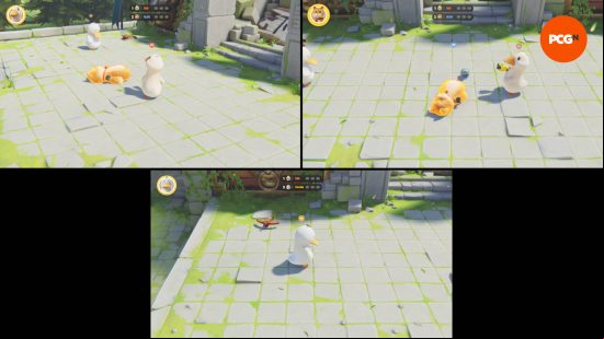 The view of three players playing Party Animals split screen. The goose has shocked the cat with a stun gun while the duck watches.