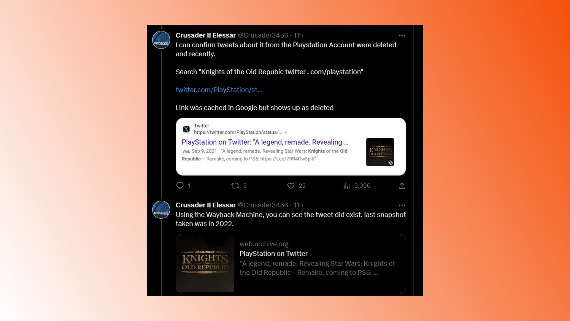 Star Wars KOTOR Remake canceled: Tweets showing that the Star Wars Knights of the Old Republic Remake is no longer present on Sony's channels