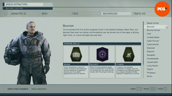 Starfield backgrounds: a menu screen showing the skills associated with the background bouncer.