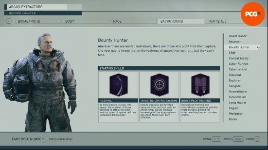Starfield backgrounds: a menu screen showing the skills associated with the background bounty hunter.