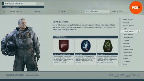 Starfield backgrounds: a menu screen showing the skills associated with the background combat medic.