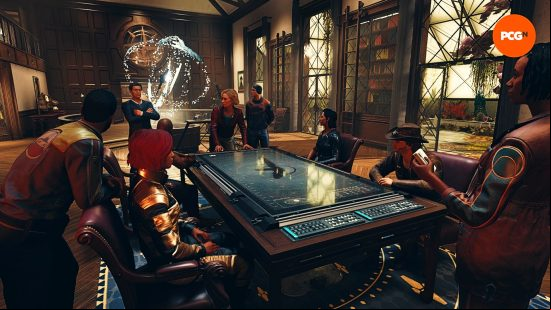 Starfield companions huddle around a table in The Lodge.