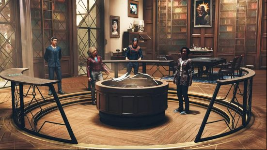 Starfield companions from the Constellation faction converse in The Lodge as they observe the strange artifacts that drive the space game's plot.