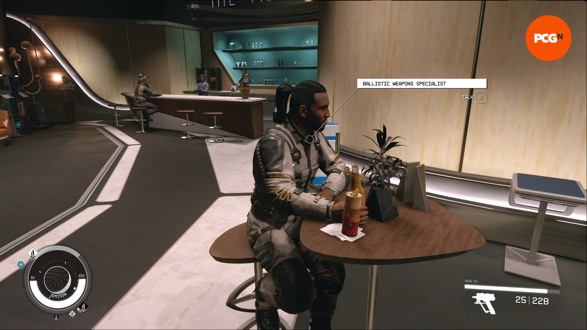 Starfield death of videogames: A Starfield companion sitting a table in the Bethesda RPG game