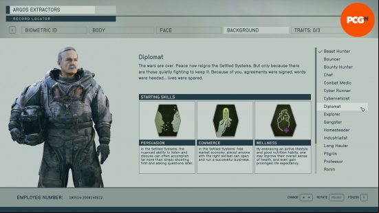 Starfield backgrounds: a menu screen showing the skills associated with the background diplomat.