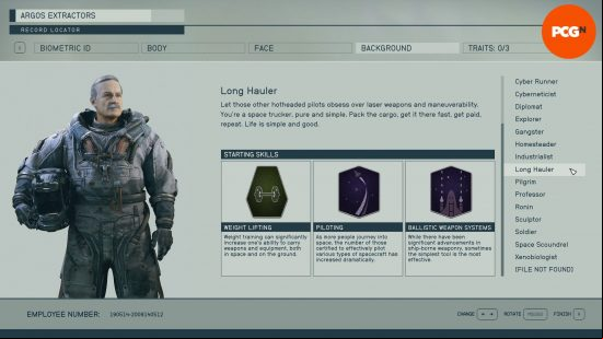 Starfield backgrounds: a menu screen showing the skills associated with the background long hauler.