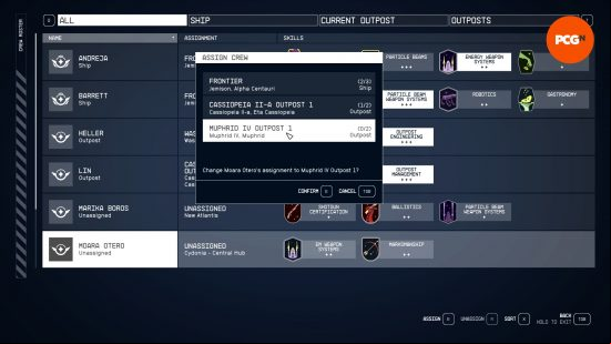A list of the available Starfield outposts and other stations that a crew member can be assigned from the crew roster.