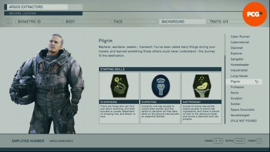 Starfield backgrounds: a menu screen showing the skills associated with the background pilgrim.