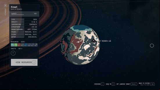 A view of the Starfield planet Kreet from the starmap after a scan for resources has been done.