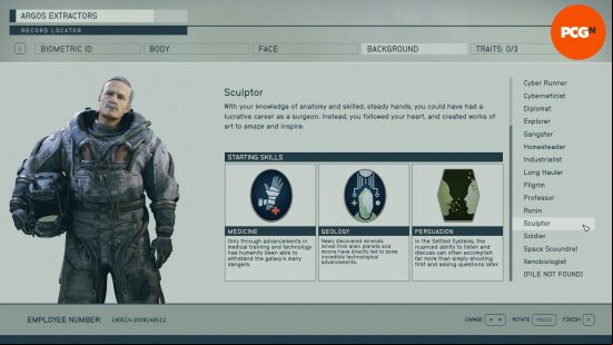 Starfield backgrounds: a menu screen showing the skills associated with the background sculptor.