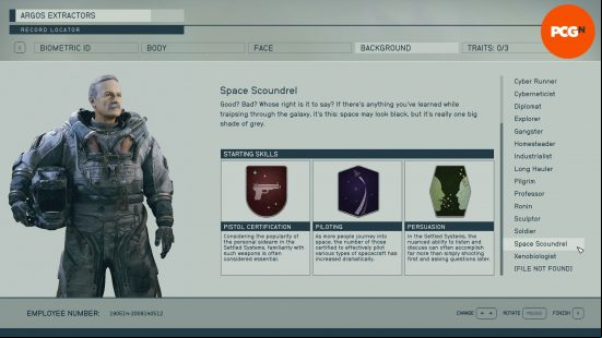 Starfield backgrounds: a menu screen showing the skills associated with the background space scoundrel.
