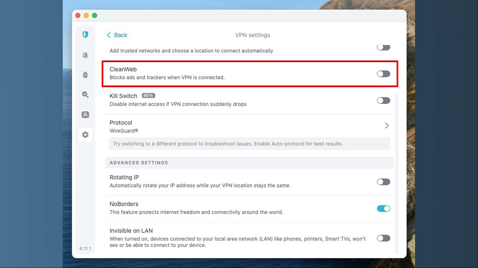 A screenshot of the Surfshark Windows app showing cleanweb