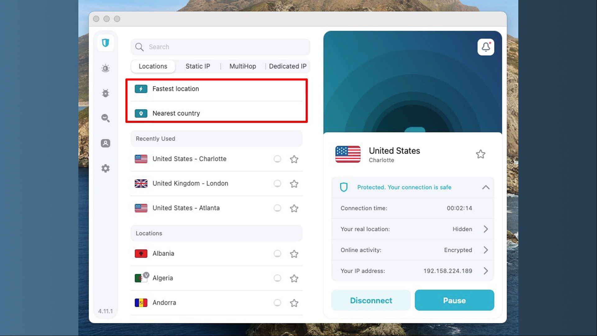 A screenshot of the Surfshark Windows app showing fastest connection options