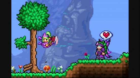 Terraria 1.4.5 update - A character watches their Cen-Axe fairy pet attempting to chop down a tree with its tiny axe.