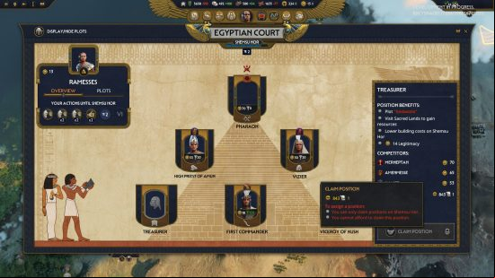 Total War Pharaoh campaign - The Shemsu Hor court screen.