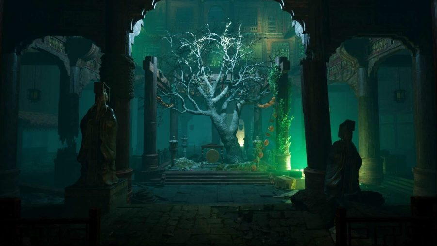 An image of a tree growing in the eery yet beautiful temple in Vampire the Masquerade Bloodlines 2.