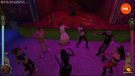 A group of pixel game characters dancing in a circle in a dark club illuminated by purple light with instruments on a stage