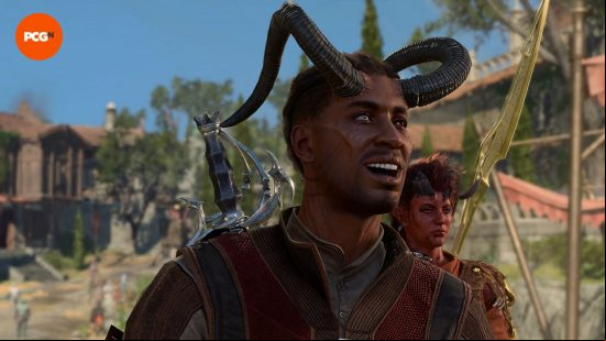 BG3 romance: a man with horns laughs.