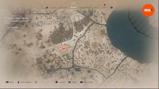 The Joy Beneath Weeping Palms AC Mirage enigma solution, with an orange pin showing the exact location of the treasure.