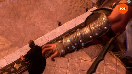 Basim's arm is outstretched, his assassin blade at the ready as he crouches above his target thanks to the best Assassin's Creed Mirage skills.