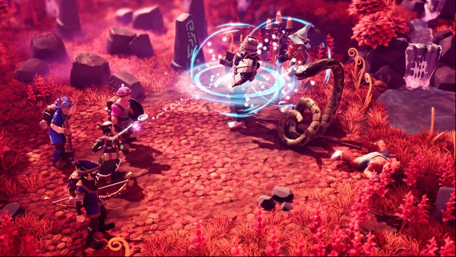 For The King 2 - A party of adventurers faces off against a skeletal warrior and a giant snake in a forest.