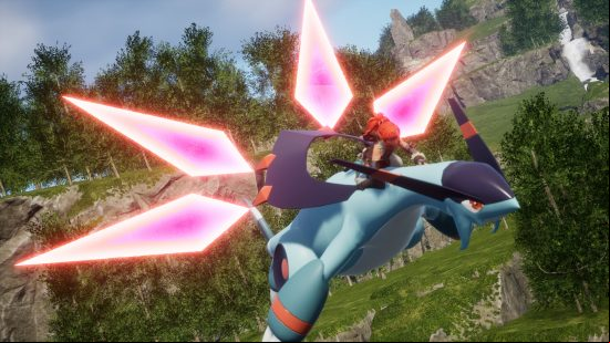A trainer riding a dragon-like Pal in Palworld, one of the best PC games like Pokemon.