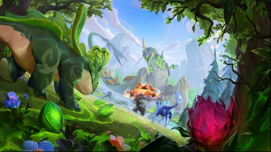 Two characters with cute little monsters rish towards a huge roaring lizard-like creature standing in a river
