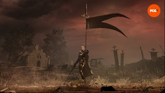 A woman in shining armor holding a flag and a sword, is one of the toughest Lords of the Fallen bosses in the game.