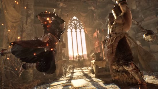 Lords of the Fallen crossplay: Two knights are attempting to attack each other with heavy blows next to a window.