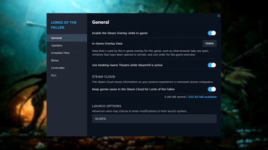 Lords of the Fallen enable DLSS - The Steam properties menu for the soulslike game.