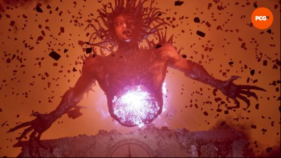 A scene from the Radiance Lords of the Fallen endings, with a giant demon disintegrating from its core.