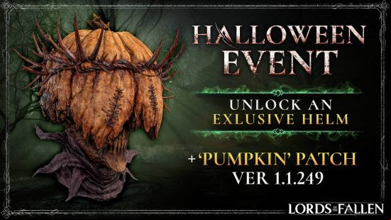 A helmet that looks like a pumpkin with a crown of thorns on it on an eerie green background