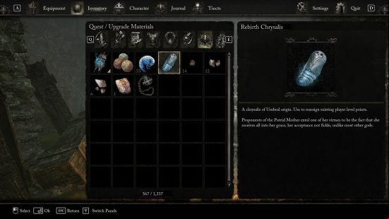 The player's inventory is shown highlighting the Rebirth Chrysalis respec item.
