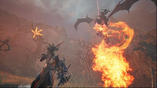 A player bedecked in high-end weapons and armor waits as a three-headed dragon breathes fire on them. 
