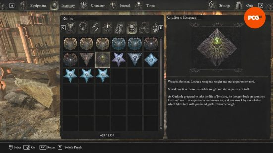  A menu is shown highlighting the effects of the Crafter's Essence rune, which completely removes the stat requirement and weight encumbrance of a weapon or shield.