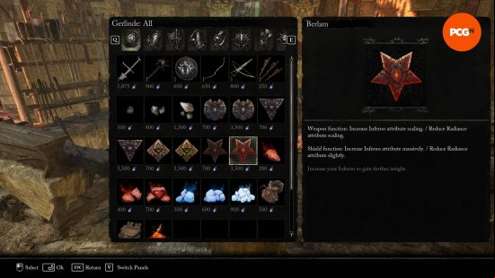 Lords of the Fallen rune tablets: A  is shown highlighting the effects of the Berlam rune, which increases the Inferno stat scaling while lowering Radiance.