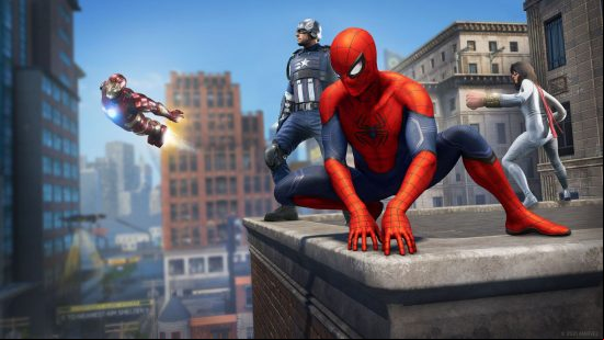 Marvel's Avengers dead; Spider-Man, Ms marvel, Captain America, and Iron Man all on a rooftop