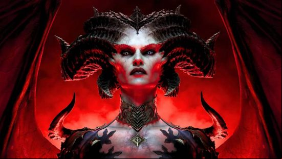 A pretty demonic woman with huge twisting horns looks angrily into the camera wearing a tight choker necklace