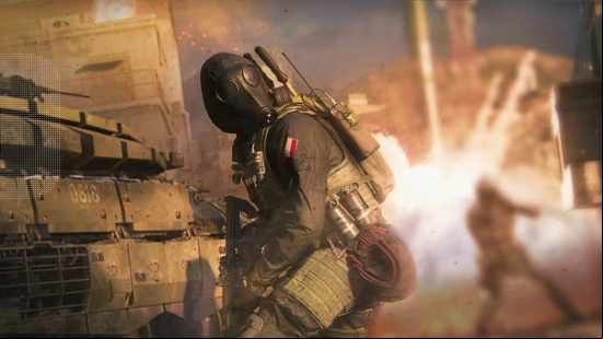 A soldier in a gas mask crouches as an explosion goes off behind him in War, one of the MW3 game modes.