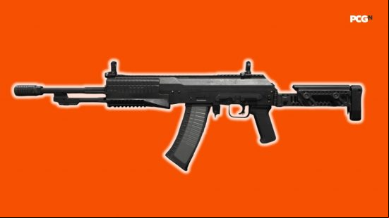 Best MW3 assault rifles: an assault rifle with a long barrel and glowing edges, on an orange background.
