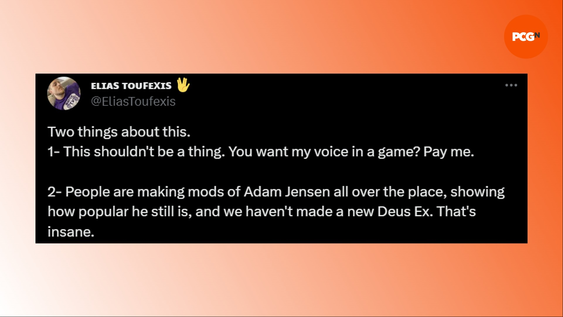 New Deus Ex game: A tweet from Adam Jensen actor Elias Toufexis regarding a new Deus Ex game