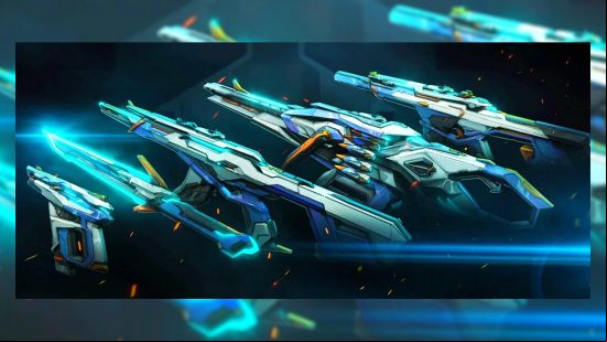 A series of blue-green cel shaded Valorant weapon skins.