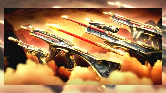 The golden Valiant Hero base Valorant skins on a backdrop of clouds and mountains.