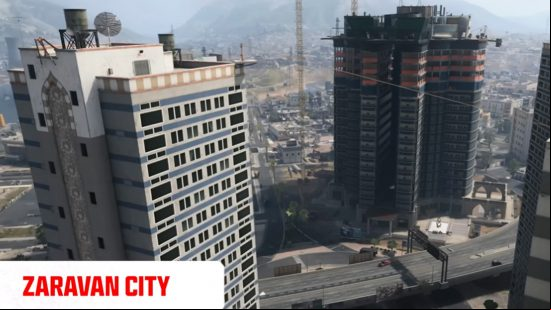 Skyscrapers in the deserted cuity of Zaravan in the Warzone map Urzikstan.